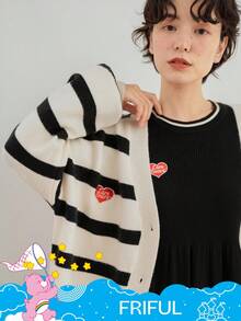 SHEIN X Care Bears FRIFUL 女式 V 领宽松条纹落肩宽松刺绣纽扣前开衫 - 黑與白 - 查看 10