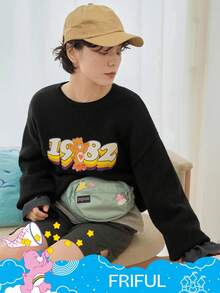 FRIFUL SHEIN X Care Bears Women's Loose Fit Crew Neck Cartoon Pattern Thermal Lined Thick Sweater - Black - View 10