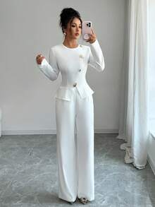 Elenzga Bộ 2 món thanh lịch áo dài tay thắt eo cài nút và quần ống rộng cho nữ - trắng - Xem 3