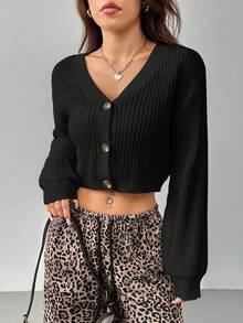 SHEIN PETITE White Lantern Sleeve Button Front Rib Knit Cardigan Cardigan Cropped Crop Top Sweater Cropped Cardigan In Fall/Winter - Black - View 8