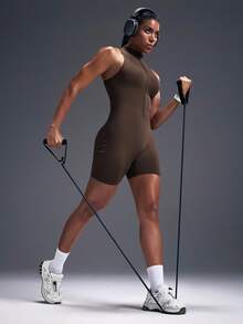 Powerista 女式简约拉链抽绳腰运动连体裤，夏季 - 咖啡棕 - 查看 6