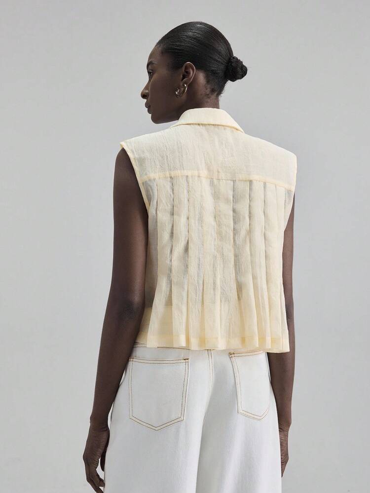 Women's Pale Yellow Pleated Mesh Single-Breasted Loose Shirt,Effortless Chic Summer Brunch Modern Elegant Urban Office Wear,Business Casual Outings