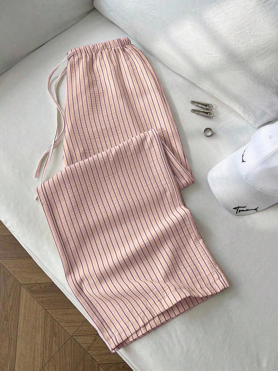 SHEIN Unity Women's Casual Striped Straight Leg Low Waist Pants, Collegiate Style, Back To School - Pink - View 1