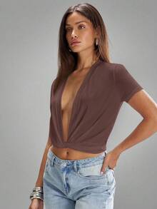Denimoi Twist Front Plunging Neck Short Sleeve Tee - Brown - View 4