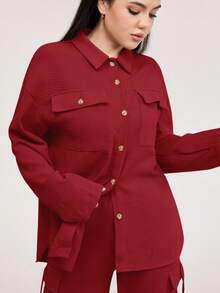 Veilorie Women's Casual Two-Piece Outfit: Woven Fabric Long Sleeve Collared Shirt And Cargo Pocket Long Pants Set In Red - Red - View 2