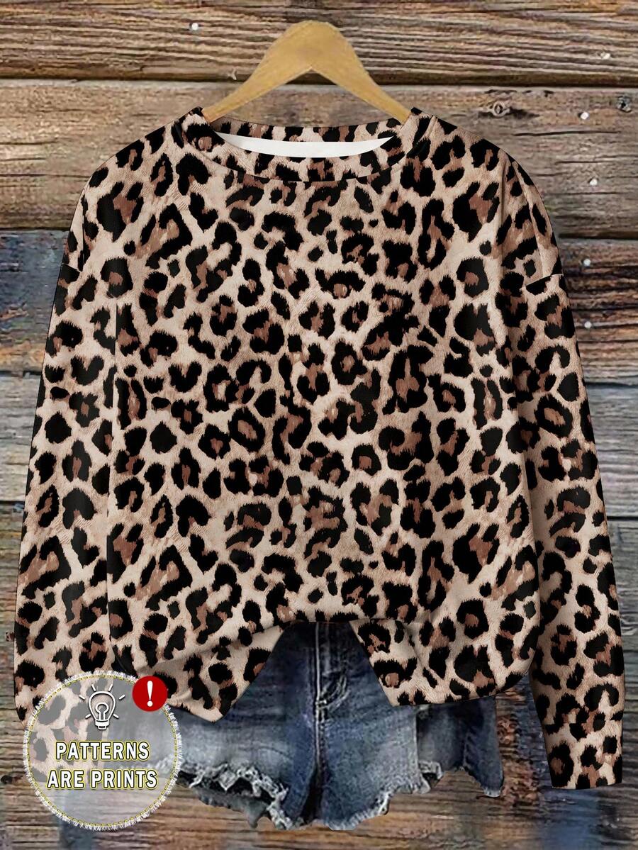 EMERY ROSE Casual Leopard Print Plus Size Loose Fit Off-Shoulder Sweatshirt For Women, Plus Size, Autumn/Winter,Fall Clothes For Women Leopard Top Women Winter Top Women Long Sleeve Top Leopard Print Sweatshirt Animal Print Sweatshirt - Multicolor - View 1