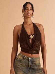 SHEIN BAE Áo hở lưng hở vai họa tiết hoa kim loại gợi cảm cho nữ - Cà phê nâu - Xem 5