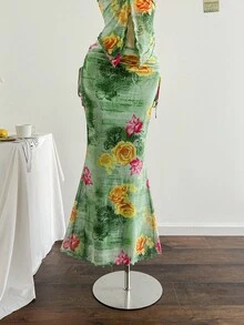 Soleia Bộ 2 món áo lưới in họa tiết không tay không dây và chân váy xếp ly thanh lịch cho kỳ nghỉ xuân/hè - Nhiều màu - Xem 4
