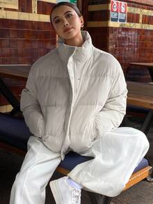 女士纹理面料宽松休闲外套，街头风格棉服外套夹克冬季 - 米色 - 查看 2