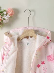 SHEIN Vintaside Kids Áo khoác ấm dài vừa có mũ trùm đầu bằng vải nhung dày họa tiết hoa cổ điển dành cho bé gái tuổi teen, mùa thu/đông, ngày lễ, mùa hè, du lịch - Hồng - Xem 3