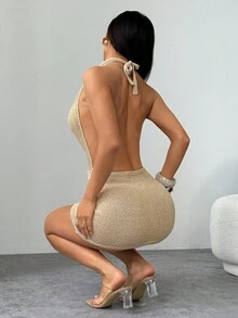 SHEIN PETITE 女式深垂领无袖纯色性感针织连衣裙金色连衣裙挂脖连衣裙女式深 V 领连衣裙秋冬