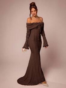 SHEIN BAE 茶歇装 甜美优雅长裙 露肩长袖连衣裙 约会装 3D花裙 - 咖啡棕 - 查看 4