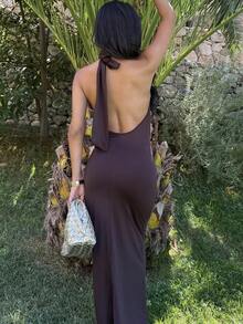 Ronhire 女士连衣裙优雅灰色吊带露肩修身长款秋季连衣裙，优雅女士连衣裙，秋季婚礼宾客连衣裙，秋季女士连衣裙，圣诞女士连衣裙，希腊女神，圣诞派对连衣裙，圣诞女士连衣裙 - 咖啡棕 - 查看 2