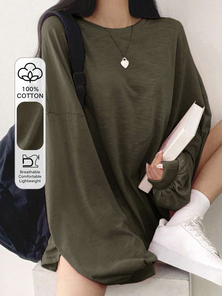 DAZY Solid Drop Shoulder Oversized Tee Long Sleeve Women Tops - Army Green - View 1