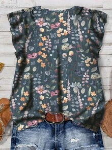 EMERY ROSE Women's Casual Elegant Flutter Sleeve Loose Blouse, Minimalist Design Suitable For Summer, Front Button Closure, Ditsy Floral, Vintage Flower Pattern Chic Blouses For Women - Dusty Blue - View 2