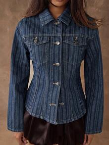 SHEIN BAE 女式秋冬休闲条纹长袖单排扣修身时尚牛仔夹克，秋季，女式牛仔夹克，音乐会，休闲女装，商务休闲女装，大码秋季服装，女式外出上衣，新款秋季时尚女装，老款女装