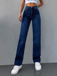 SHEIN Cottnline 女裝休閒直筒牛仔褲 - 深色水洗藍 - 查看 3