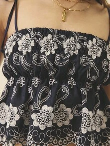 Aralina 女士夏季度假休闲花卉刺绣吊带背心 - 藍白色 - 查看 5