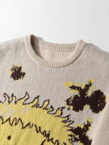 Manfinity Homme Sweater Pria Kasual Longgar dengan Motif Huruf & Kartun, Kerah Bulat, Lengan Panjang, Musim Gugur - Krem - View 3