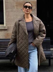 DAZY 女士宽松菱形图案腰带长袖休闲复古厚棉服外套，秋冬夹克 - 棕色 - 查看 7