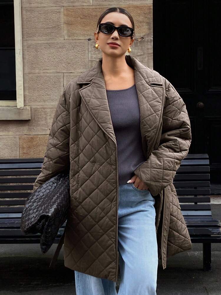 Women's Loose Fit Diamond Pattern Waist Band Long Sleeve Casual Vintage Thick Padded Coat, Autumn/Winter Jacket