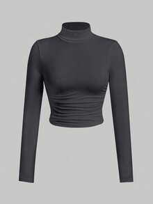 SHEIN EZwear 女式大码高领褶饰长袖修身 T 恤，深灰色 - 深灰色 - 查看 1