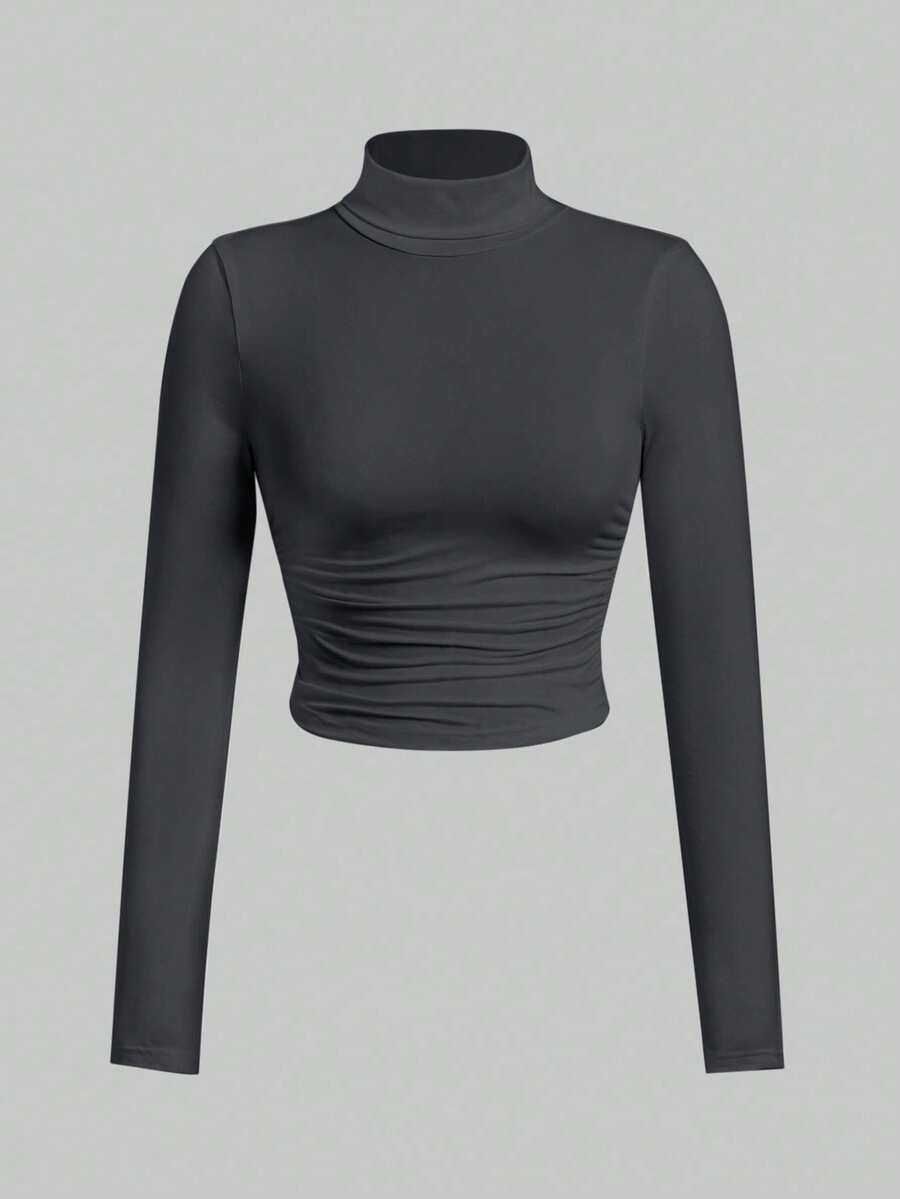 SHEIN EZwear 女式大码高领褶饰长袖修身 T 恤,深灰色 - 深灰色 - 查看 1