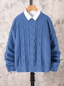 SHEIN 青少年男童休闲日常百搭舒适宽松高领套头毛衣 - 藍色 - 查看 2