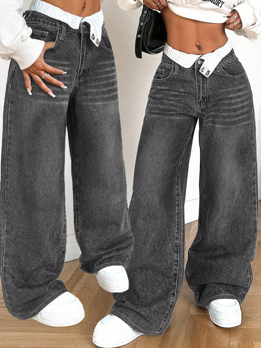 SHEIN PETITE Damen lockere Jeans mit weitem Bein, tiefer Bund, grauer Denim, baggy Vintage Mom Jeans für Sommer Streetwear Schule Schulanfang, Cowgirl Winterhose, für zierliche Frauen - Dunkelgrau - Übersicht 1