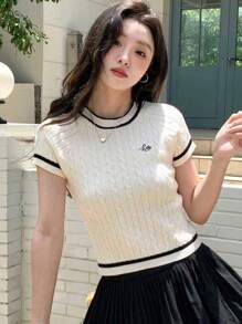 DAZY Top de manga corta tejido con contraste de color y decoración de borde con letras impresas, casual - Albaricoque - Ver 6