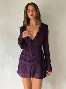 Aloruh Women's Elegant Sexy Deep V Ruffle Waist Cinched Waist Flare Sleeve Purple Mini Dress,Fall Dresses For Women, Women Night Out Dress,Women Dating Dress