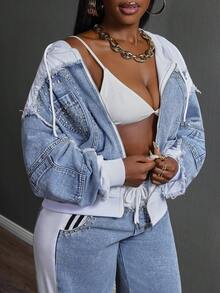 Slaydiva 大码女式休闲连帽拉链长袖宽松牛仔夹克 - 藍色 - 查看 5