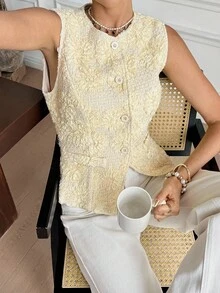 SHEIN Frenchy Women's Bright Yellow Summer Elegant Tea Party Round Neck 3D Floral Single-Breasted Vest Jacket,European Retro Heavy Industry Chic Autumn Business - Apricot - View 7