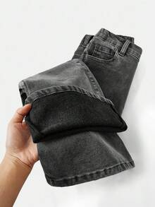 Girlism Tween Girl Casual Fashion Mångsidig Daglig Grå Enfärgade Tvättade Slim Fit Termofodrade Utsvängda Jeans, Denim Termofodrade Elastiska Slim Utsvängda Byxor, Flickor Höst Vinter Håller Varma Kläder Outfits, Lärarkläder För Flickor, Tillbaka Till Skolan Homecoming Outfits Flickor, Kyrkoklänning, Business Casual Outfits Flickor - Grå - Visa 5