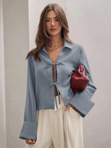 COSMINA Women's Plain Khaki Front Tie Long Sleeve Minimalist Business Casual Work Shirt, Casual Daily Wear FAll - Baby Blue - View 9