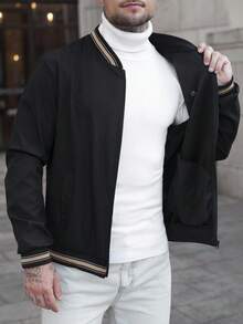 Manfinity CasualCool 2025男士秋冬户外夹克，新款男士秋季外套，秋冬夹克，男士秋冬户外保暖外套服装男士撞色休闲长袖夹克黑色飞行员夹克男士拉链飞行员夹克男士休闲夹克 - 黑色 - 查看 6