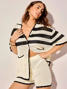 CAJUNI 女士撞色镂空针织上衣 - 黑與白 - 查看 7