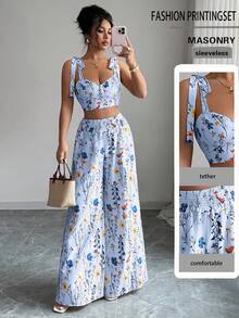 Elenzga 2pcs/Set Women's Standard Size Camisole Top With Back Cutout Design + High Waist Wide Leg Pants - Baby Blue - View 1