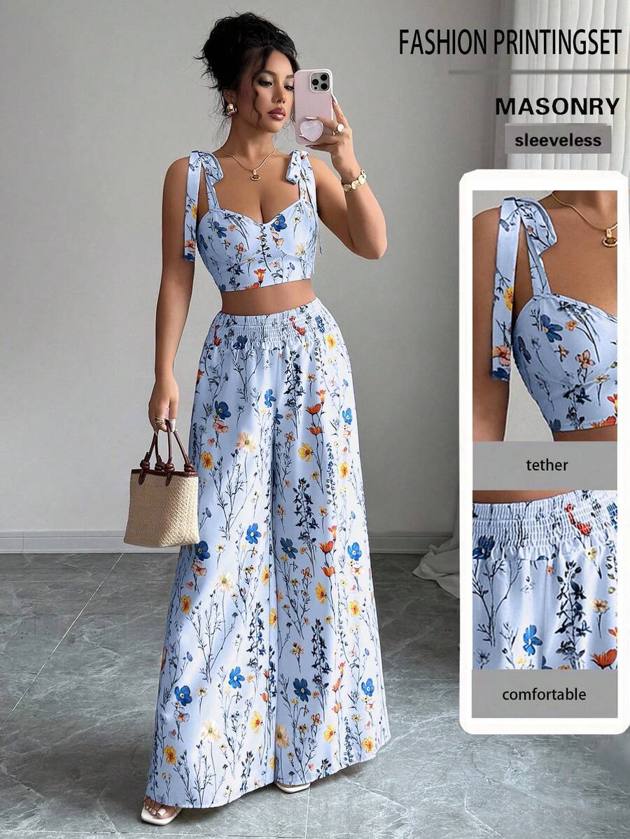 Elenzga 2pcs/Set Women's Standard Size Camisole Top With Back Cutout Design + High Waist Wide Leg Pants - Baby Blue - View 1