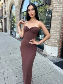 Carolina Barros Vestido de verano con tirantes finos, con nudo delantero y espalda descubierta, de unicolor y minimalista para mujer