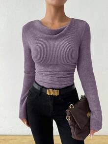 RosyDaze Áo thun dài tay cổ bẻ xếp nếp họa tiết cổ điển không đối xứng, vải thu cho nữ, áo len gân màu tím, áo tím, áo dài tay cho nữ, cổ yếm - Màu tím  Violet - Xem 5