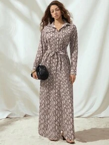 Almamuse 蛇皮印花时尚衬衫领扣腰带女式长裙 - 棕色 - 查看 3
