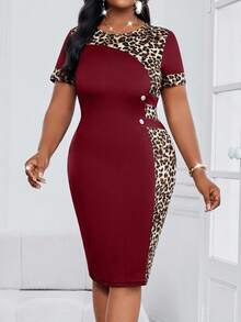 SHEIN Lady 春夏秋冬优雅派对婚礼酒会圣诞节豹纹撞色网眼加大码连衣裙 - 酒紅色 - 查看 3