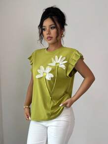 Elenzga Plus Size Elegant 3D Floral Round Neck Batwing Sleeve T-Shirt - Green - View 5