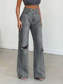 EURMUSE Casual Washed Distressed High Waist Wide Leg Jeans - Grey - View 3