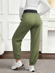 SHEIN Maternity 2 In 1 Dual Waistband Pocket Design Pants - Army Green - View 2