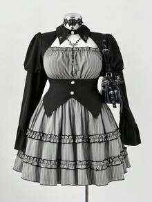 Sunspun 优雅万圣节角色扮演黑暗洛丽塔喇叭袖镂空设计上衣 + 条纹泡泡裙套装 - 彩色 - 查看 7