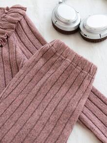 2 件套女童休闲粉色圆领长袖 T 恤套装，适合家居服和休闲装 - 粉色 - 查看 5