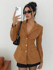 SHEIN EZwear Women's Autumn New Brown Suede Blazer Jacket, Waist Cinched, Vintage Style - Brown - View 1