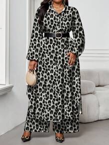 SHEIN Lady 秋冬优雅通勤办公室彩色豹纹梭织衬衫领主教袖纽扣长袖大码套装 2025 新款大码女装秋季豹纹灯笼袖单排扣长衬衫和裤子宽松两件套商务休闲女装商务休闲女装商务休闲秋季服装女装优雅商务休闲服装女装秋装大码休闲女装秋装秋季女装优雅女装秋季女装 - 深灰色 - 查看 3